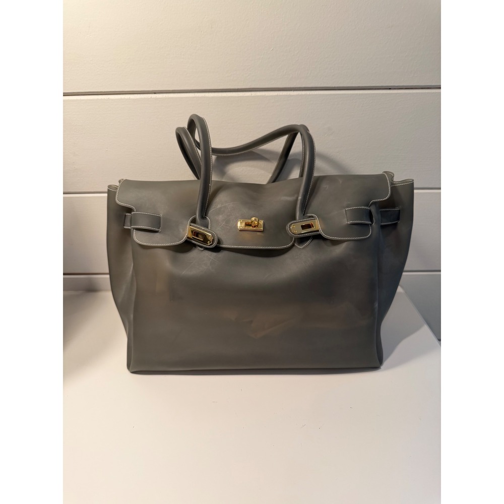 Iโ Santi Made in Italy Grey Leather Tote Bag Gold Hardware Birkin Style Satchel
